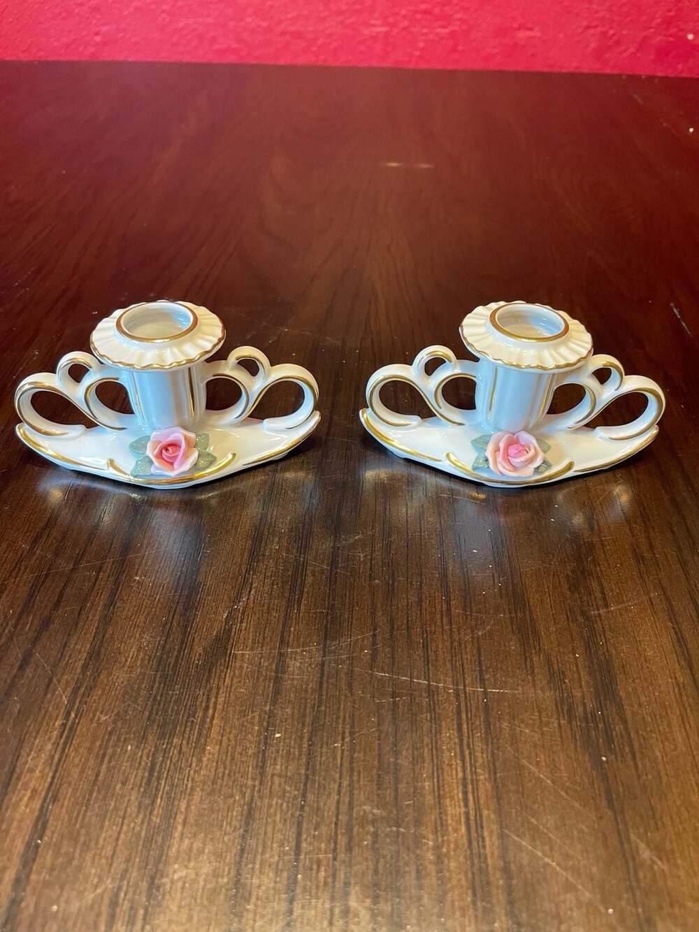 Vintage Dresden Art Porcelain Candle Candlestick Holder Pink Rose Gold Accent